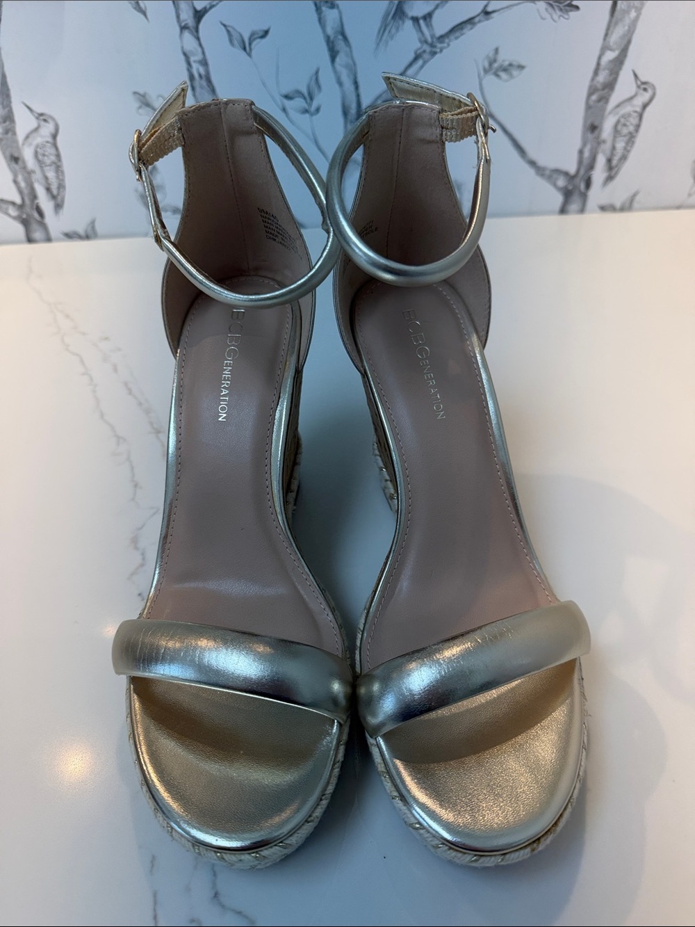 BCBGeneration Two-Tone Metallic Gold and Silver Ankle-Strap Platform Heels